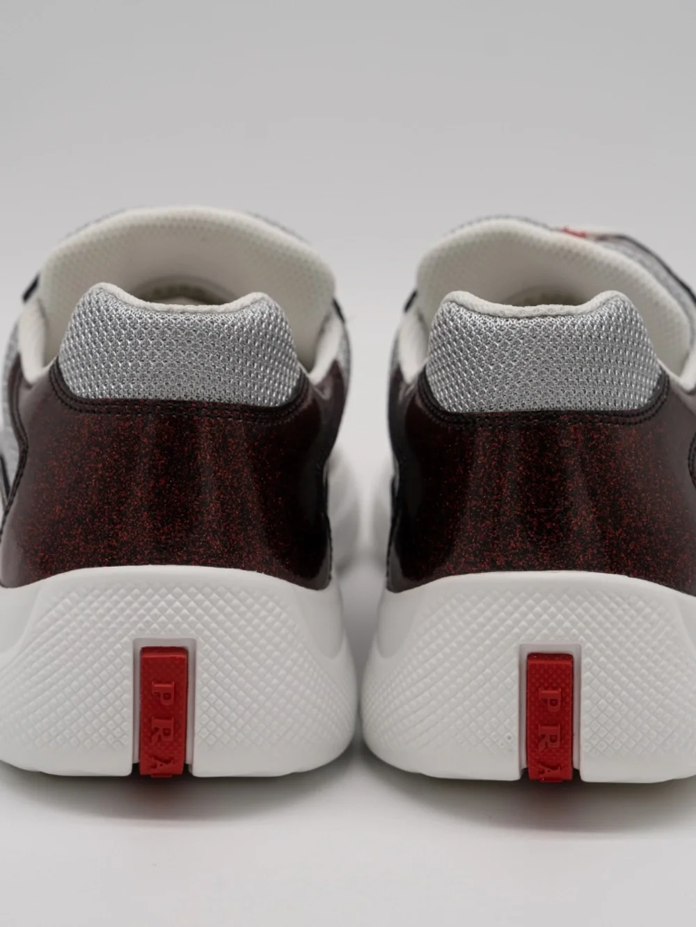 Prada America's Cup Men's Sneakers Burgundy Patent Leather Fabric Glitter 9 US